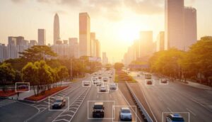 Cars highlighted by artificial intelligence driving down highway with high-rise buildings in the distance