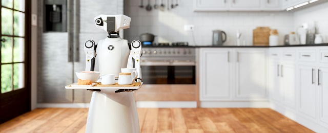 Serving robot holding tray in a kitchen.