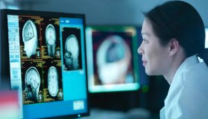 Scientist looking at 3D rendered graphic scans from Magnetic Resonance Imaging (MRI) scanner, close up